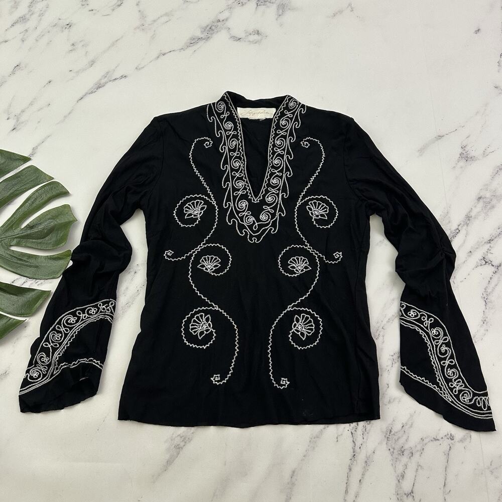Lucy Pereda Womens Vintage Y2k Bell Sleeve Top Size L Black White Embroidered